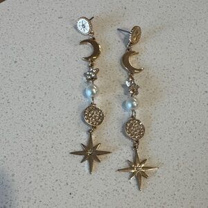 Gold Moon & Star Dangle Earrings with Pearls